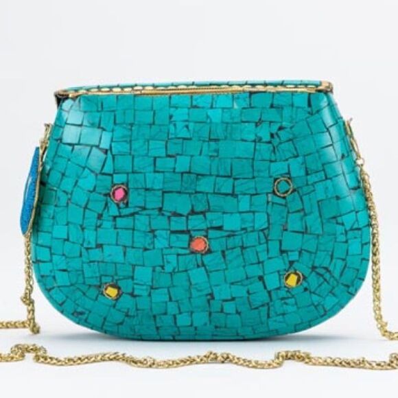 $139 MSRP - Ramla JEWEL Bag - TEAL & ORANGE Mosaic Tiles Handmade in Morocco - Picture 3 of 8